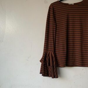 ANDTHEWHY Brown Navy Striped Long Bell Ruffled Sleeve Size M